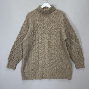 Vintage Laura Ashley Cable Knit Wool Sweater Womens XL Tan Turtleneck Fisherman